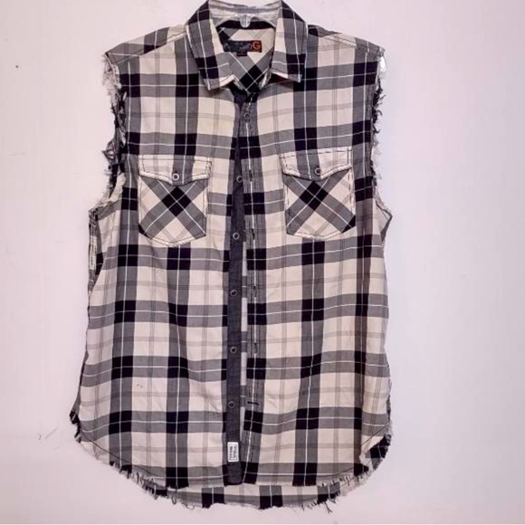 🌞 Guess sleeveless distressed muscle shirt button up collar pockets plaid S - Picture 16 of 16
